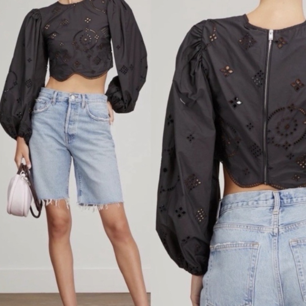 Ganni Broderie Anglaise Cropped Puff Sleeve Blouse EUC, Size EU42 (Large 10/12)